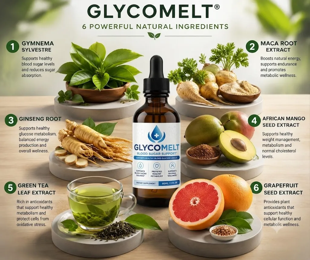 Infographic displaying the six natural ingredients of GlycoMelt supplement.