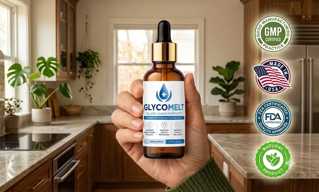 Hand holding GlycoMelt blood sugar support dropper bottle in a kitchen setting.