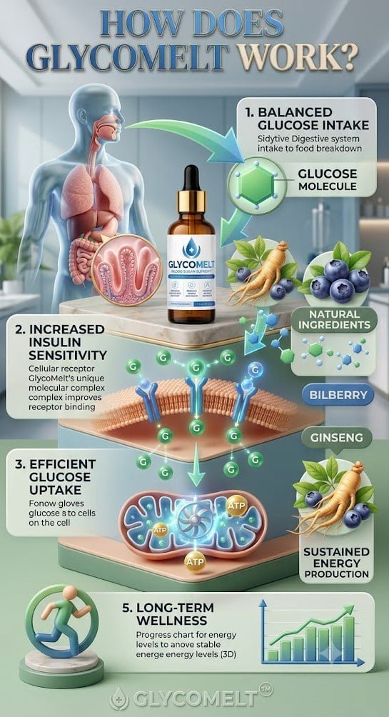 Infographic diagram showing how GlycoMelt works to support blood sugar and metabolism.