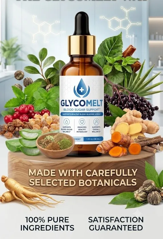 GlycoMelt blood sugar support supplement bottle surrounded by natural botanical ingredients.