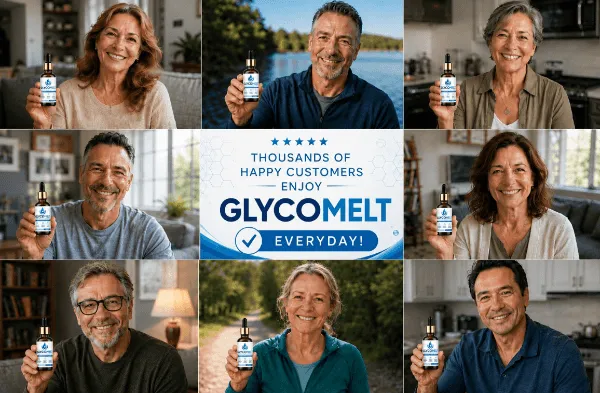 Grid of smiling happy customers holding GlycoMelt blood sugar support bottles.
