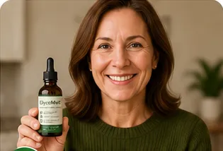 Woman holding GlycoMelt bottle for blood sugar control.